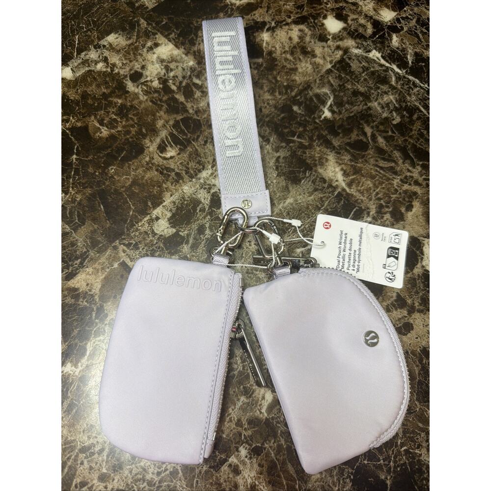 Authentic Lululemon Dual Pouch Wristlet Metallic Wordmark Faint Lavender